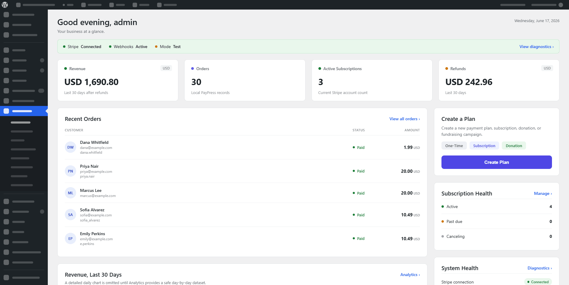 PayPress admin dashboard showing revenue, orders, recent activity, and subscription health