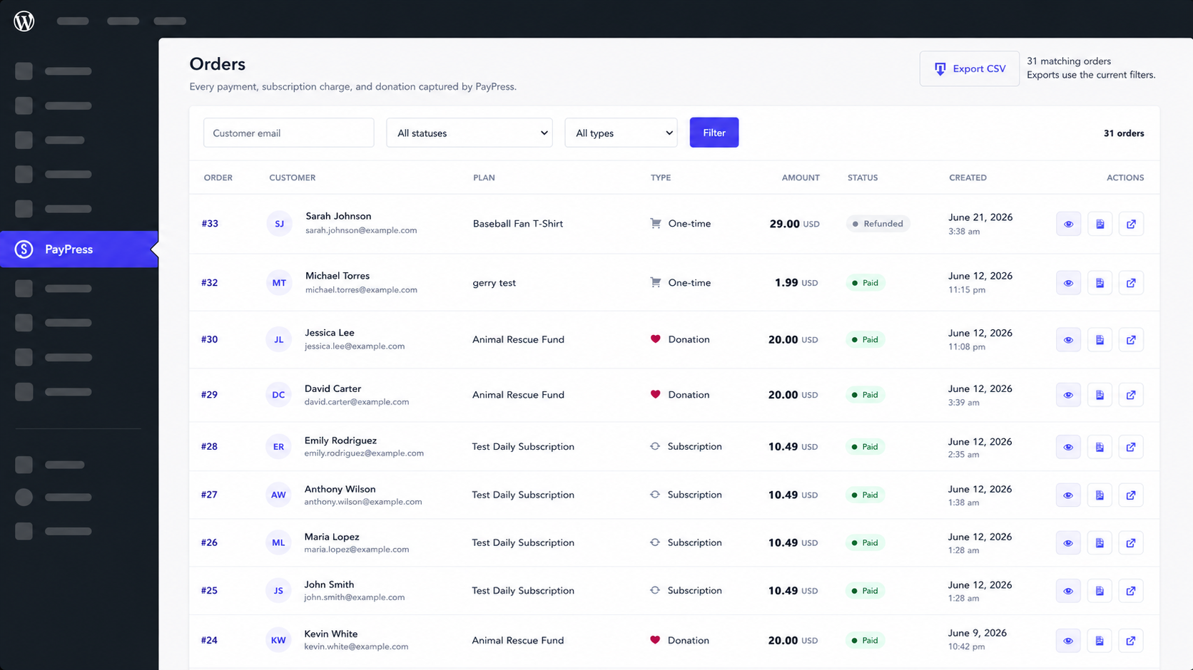PayPress orders dashboard