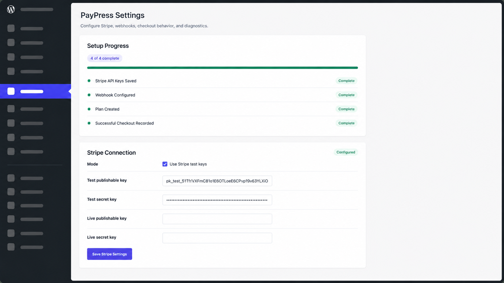 PayPress settings and onboarding screen