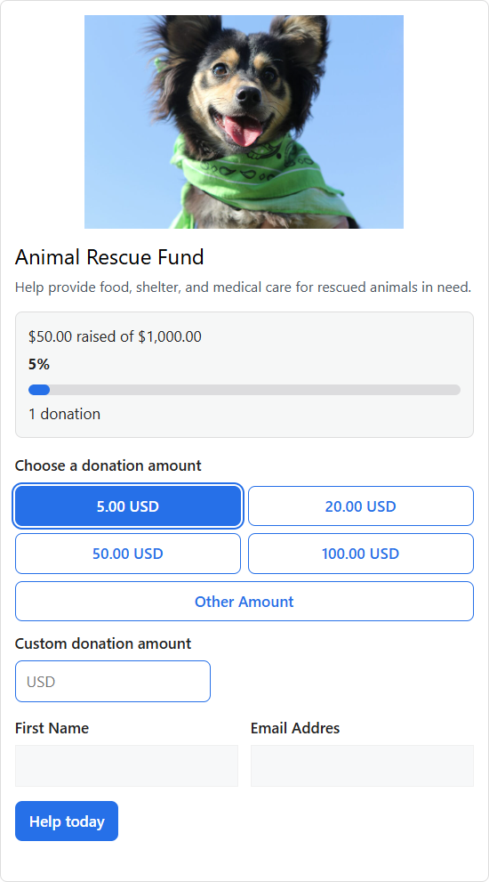 PayPress Animal Rescue Fund donation form with progress bar and amount options