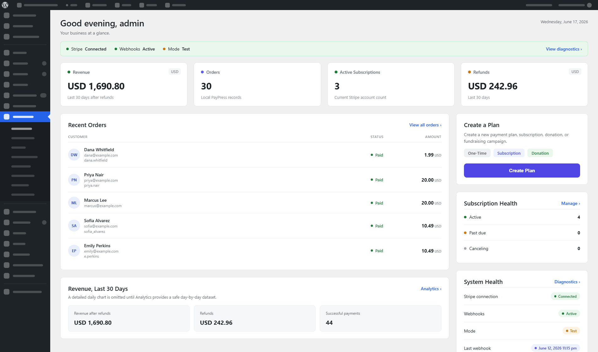 PayPress admin dashboard showing revenue, orders, active subscriptions, and recent payments