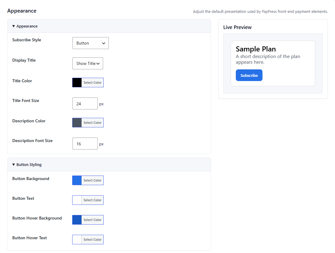 PayPress appearance settings with a live preview of a payment element