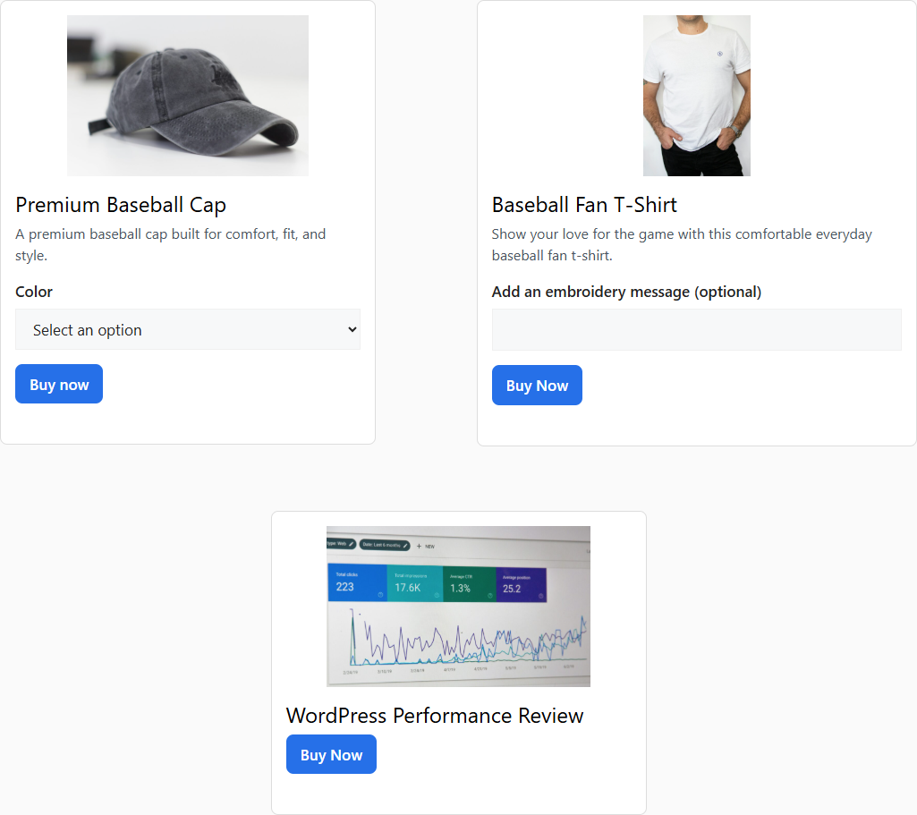 PayPress product cards for a baseball cap, t-shirt, and a digital review
