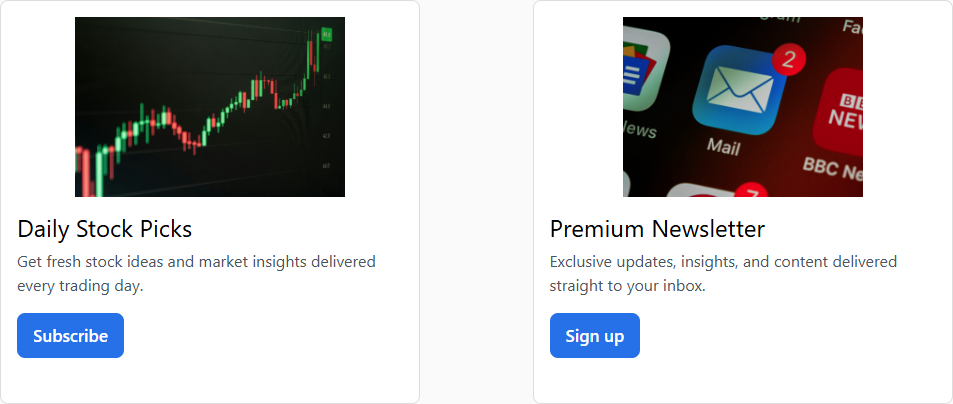 PayPress subscription cards for Daily Stock Picks and Premium Newsletter
